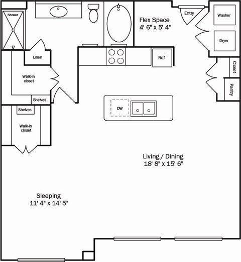 A floor plan of a small apartment with a sleeping area, a living/dining area, and a kitchen.